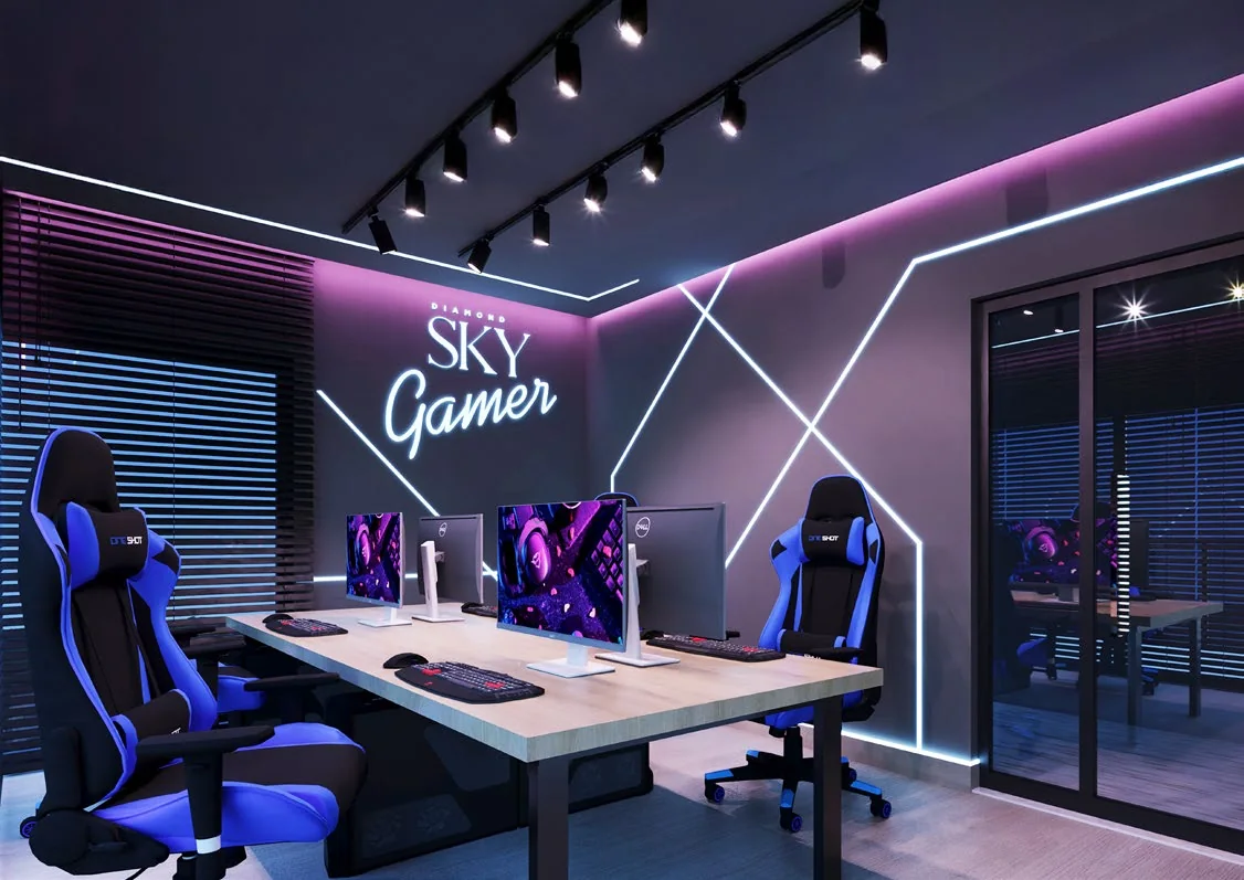 Sky Gamer, sala com cadeiras gamer e iluminação em néon