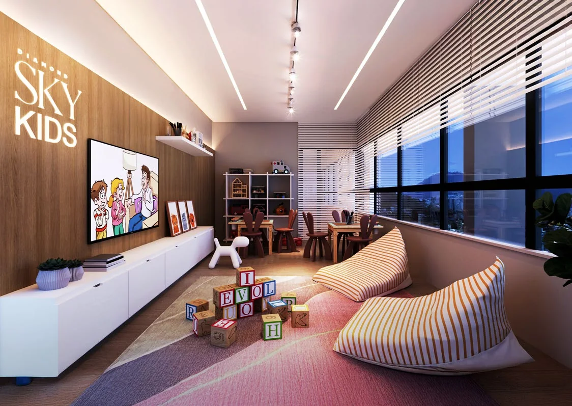 Sky Kids, brinquedoteca com pufes e mesa de atividades