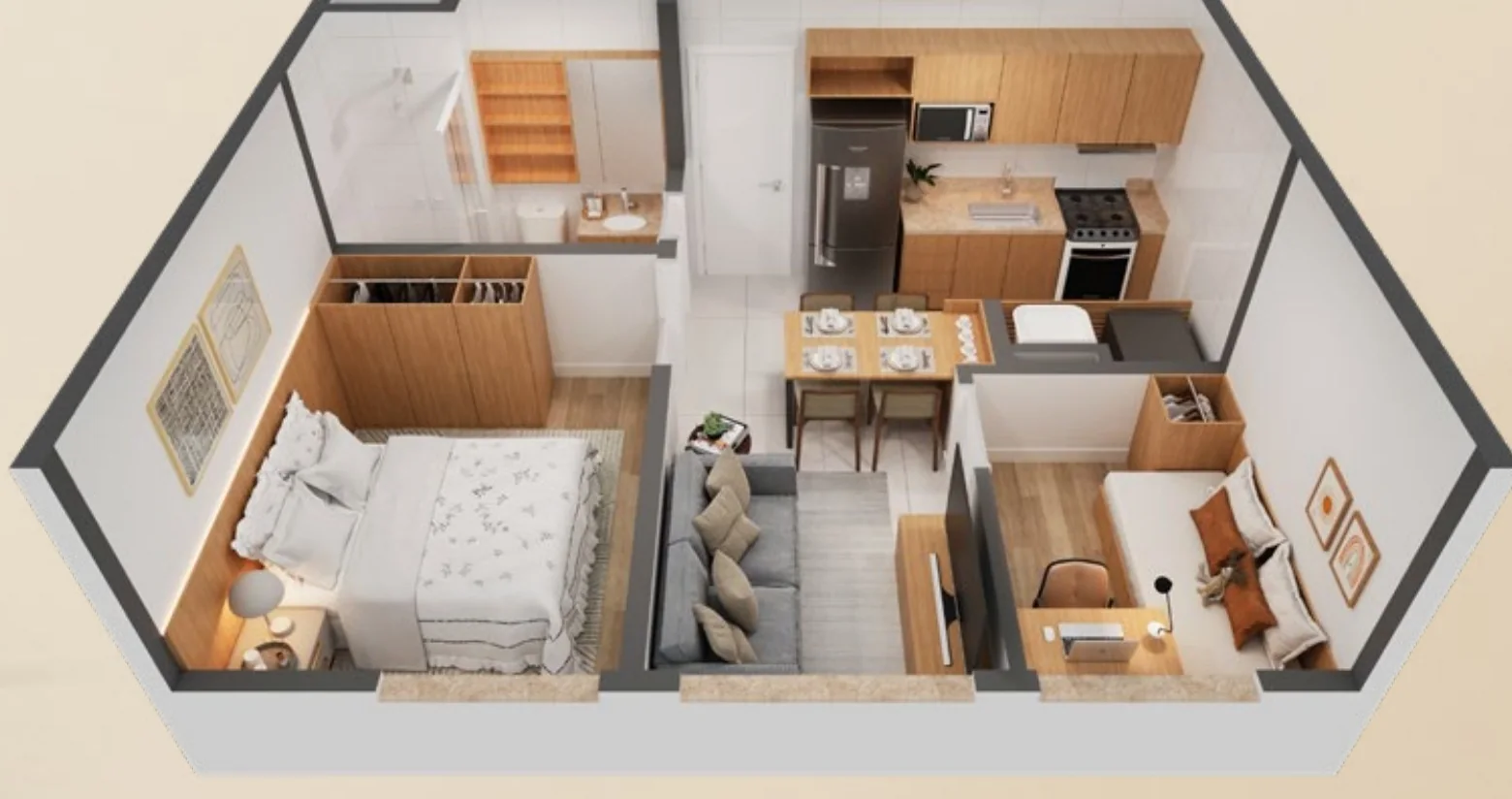 Planta humanizada ilustrativa do conceito Family, apartamento de 2 quartos e 1 banheiro