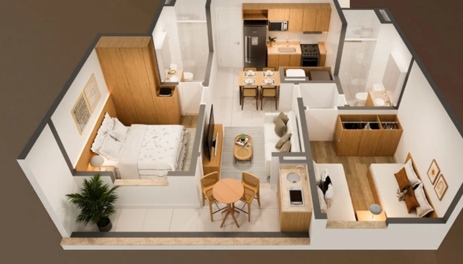 Planta humanizada ilustrativa do conceito Family Plus, apartamento de 2 suítes com varanda gourmet