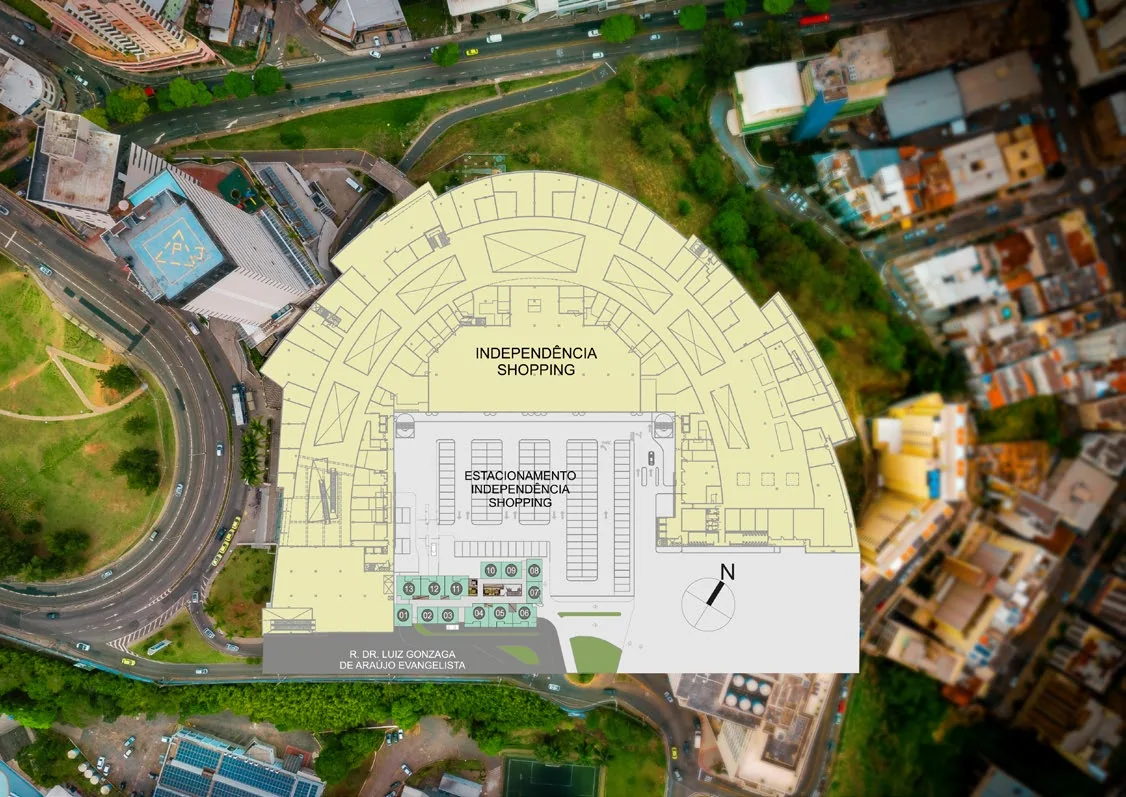 Implantação do Diamond Sky sobre vista aérea, junto ao estacionamento do Independência Shopping