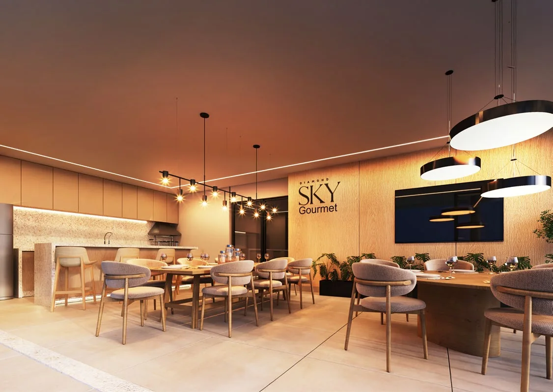 Sky Gourmet, espaço com mesa grande para jantares e encontros