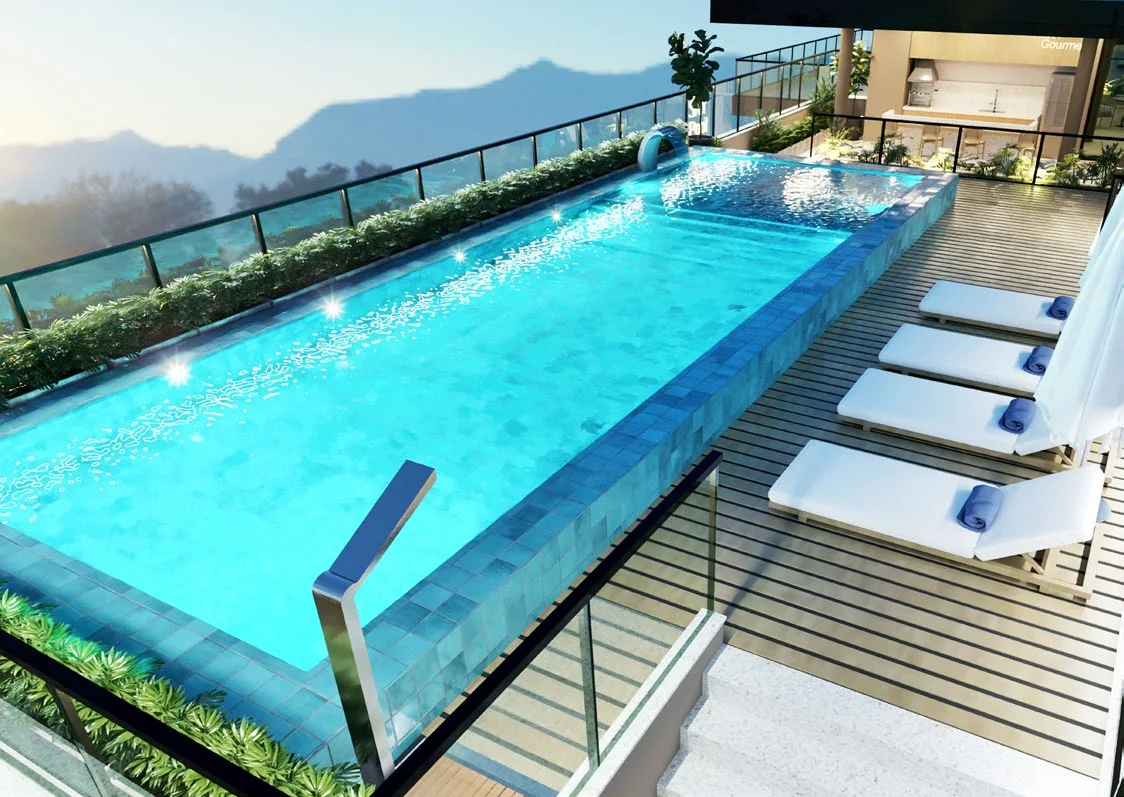 Detalhe da piscina da cobertura e das espreguiçadeiras