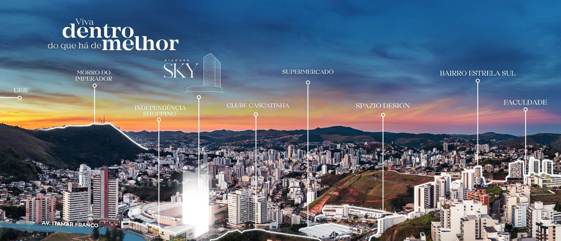 Vista aérea de Juiz de Fora com a posição do Diamond Sky e pontos de referência da região