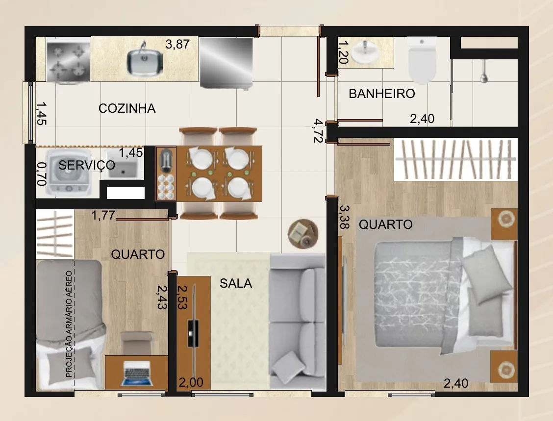 Planta ilustrativa do apartamento Tipo A, de 2 quartos e 1 banheiro