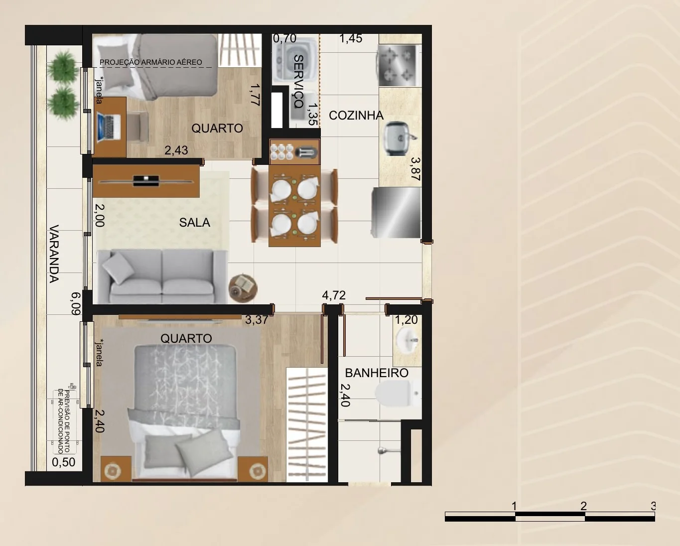 Planta ilustrativa do apartamento Tipo A2, de 2 quartos, 1 banheiro e varanda