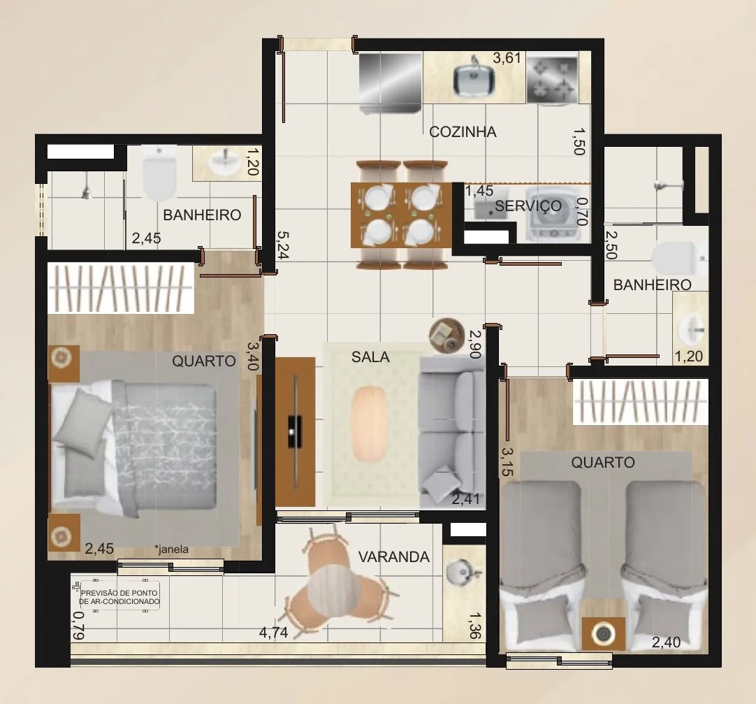 Planta ilustrativa do apartamento Tipo B, de 2 quartos com 2 suítes e varanda gourmet