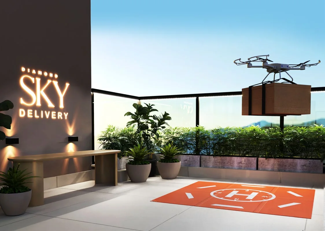Sky Delivery, ponto de recebimento de encomendas no rooftop com marcação para drones