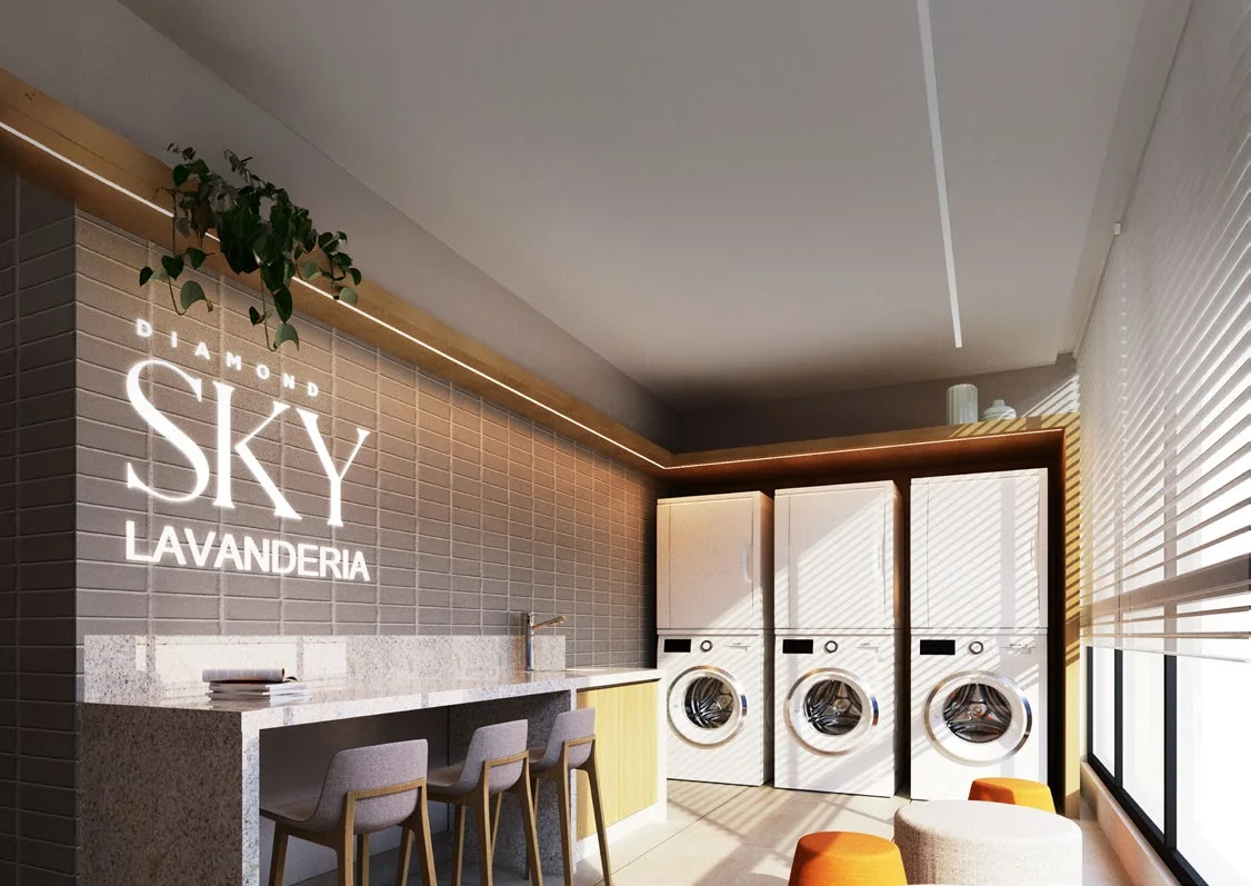 Sky Lavanderia, lavanderia com máquinas de lavar e bancada