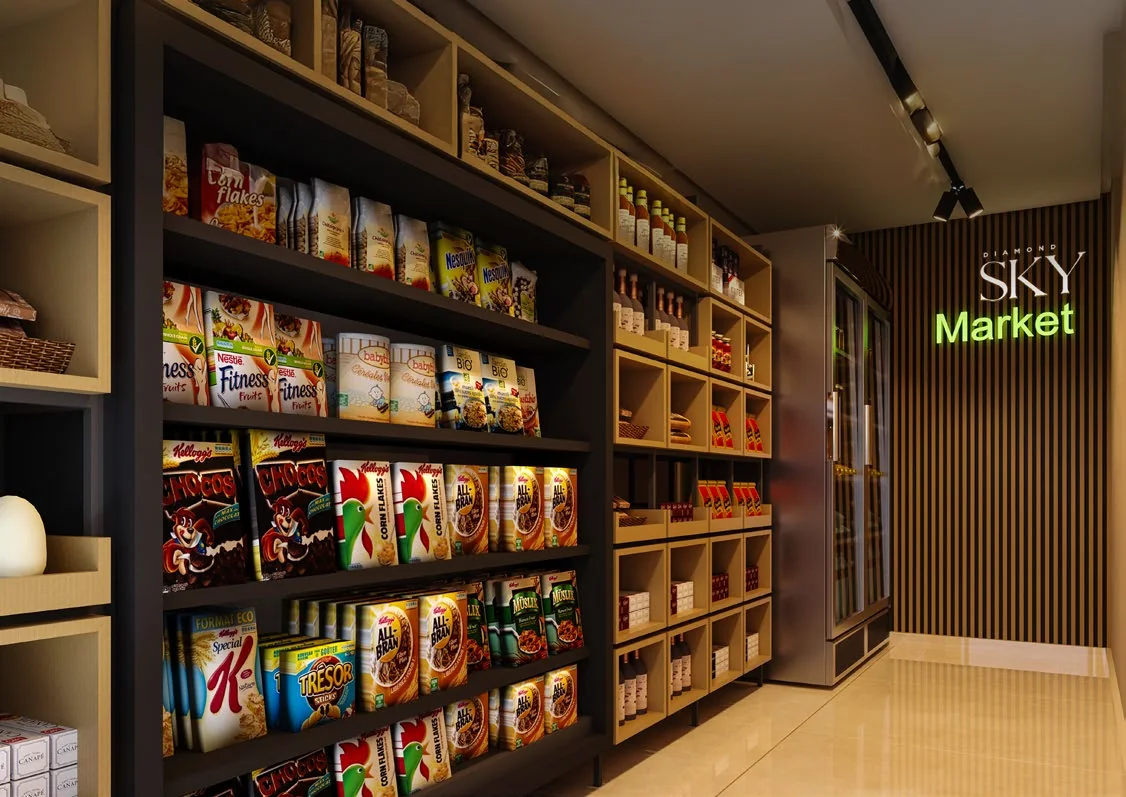 Sky Market, mercado autônomo com prateleiras de produtos